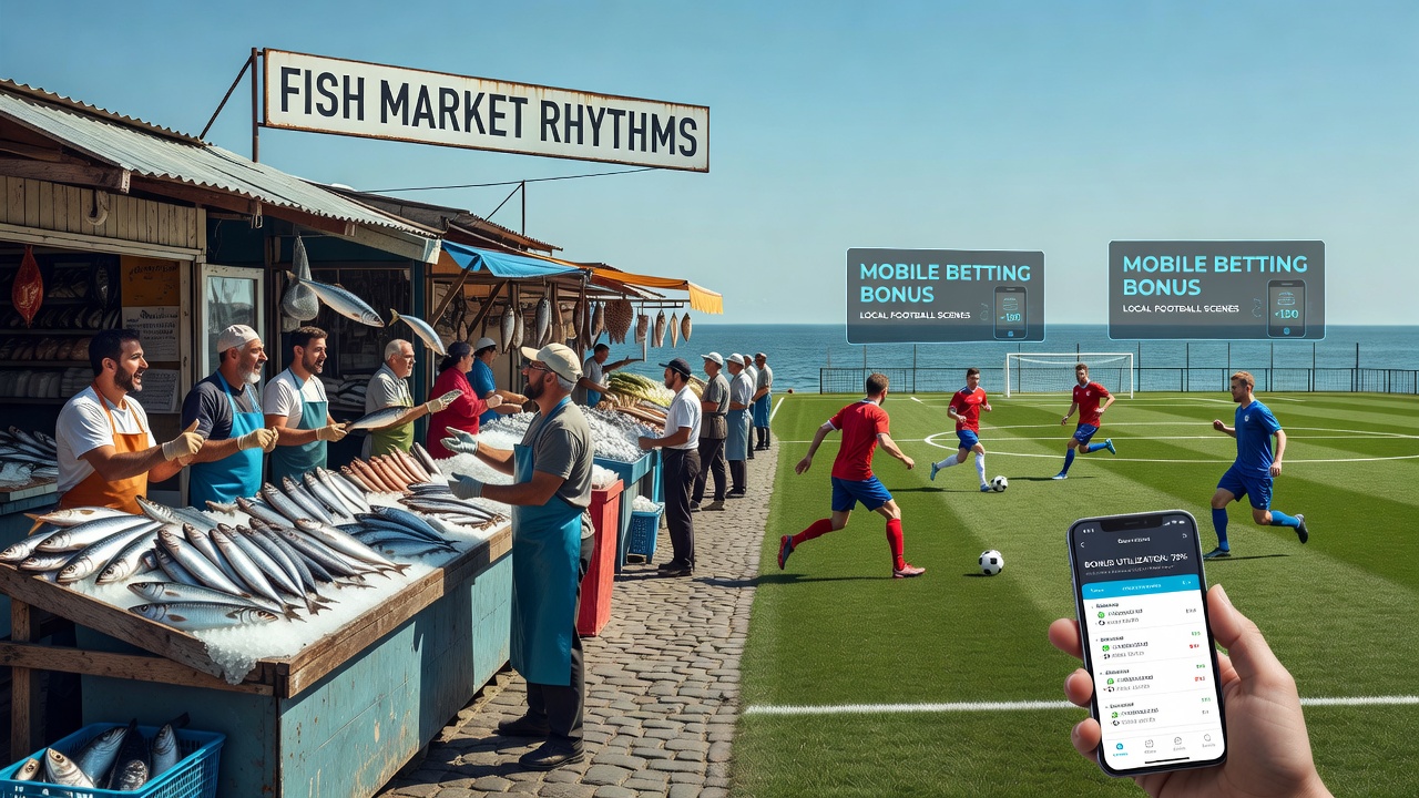 Hamburger Fischmarkt mit frühen Morgenaktivitäten und Fußballfans die mobile Wetten nutzen
