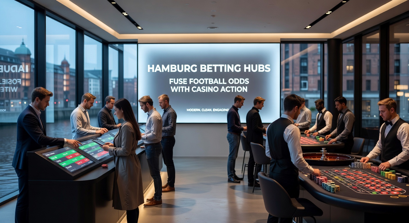 Lebhaftes Wett-Hub in Hamburg mit Bildschirmen voller Fußballquoten und Casino-Spieltischen im Hintergrund