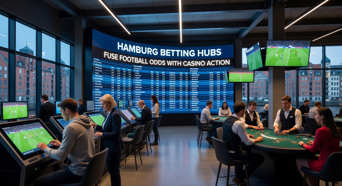 Nahaufnahme eines Wett-Terminals in einem Hamburg-Hub, das Fußball-Live-Quotes neben Casino-Slot-Maschinen anzeigt