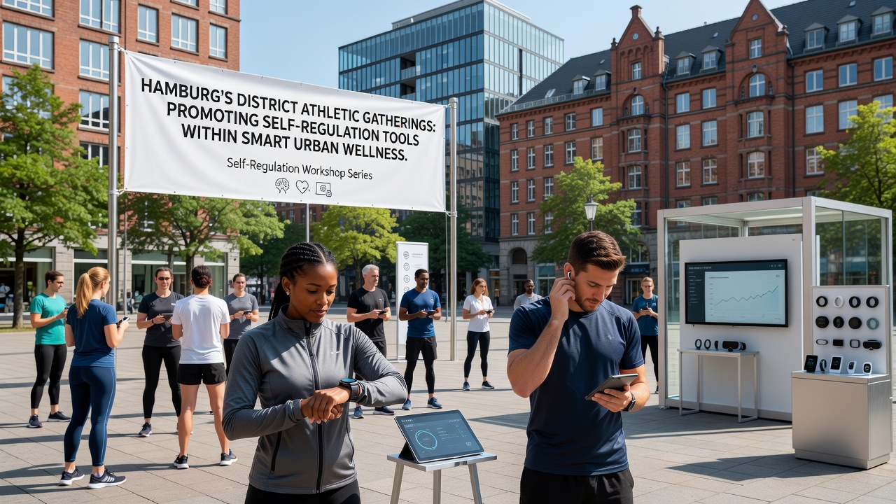 Teilnehmer eines Hamburger Bezirks-Sporttreffens beim Austausch über Smartphone-Apps nach dem Training