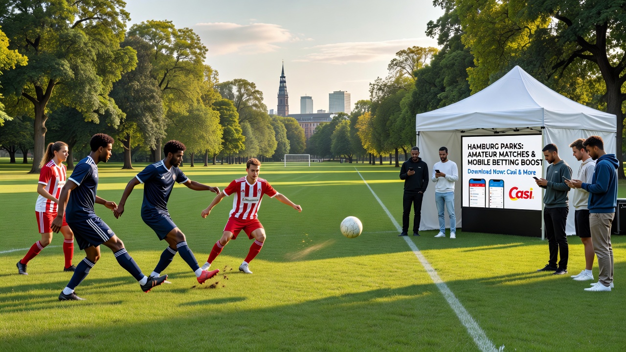 Zuschauer bei einem Amateurspiel in einem Hamburger Park mit Smartphones