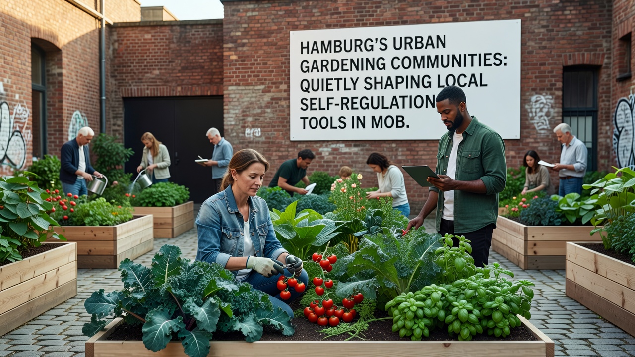 Gruppe von Hamburgern beim gemeinsamen Gärtnern in einem urbanen Projekt mit Fokus auf nachbarschaftliche Interaktionen