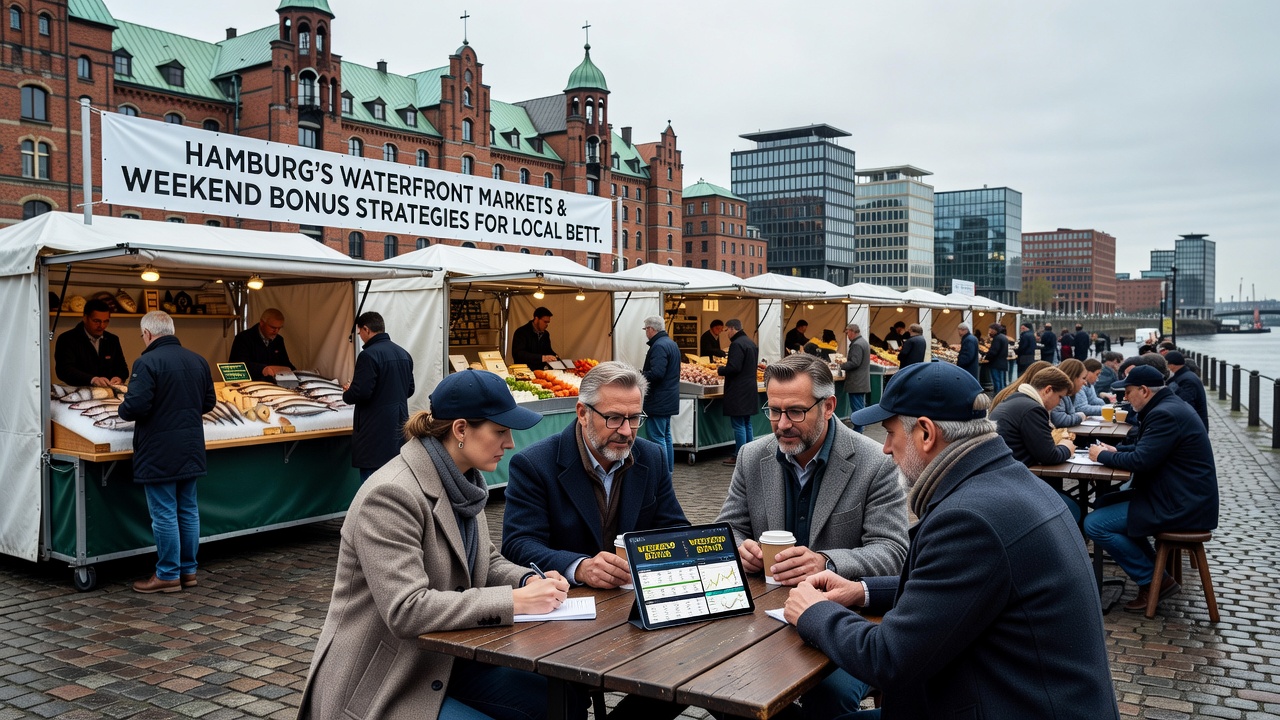Detailansicht von Marktständen mit Besuchern, die Smartphones nutzen, im Hamburger Hafenbereich