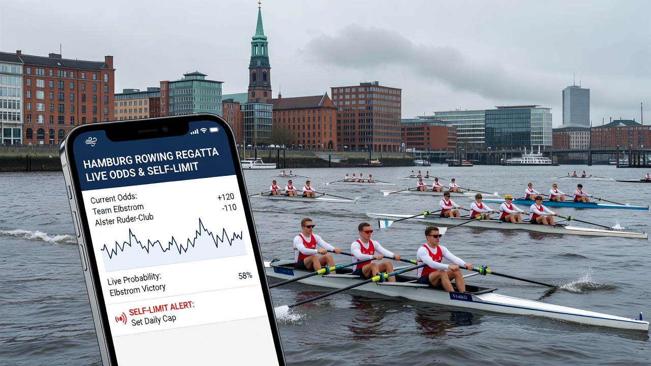 Smartphone mit Wett-App und Warnmeldung zu Selbstlimits während einer Hafenregatta