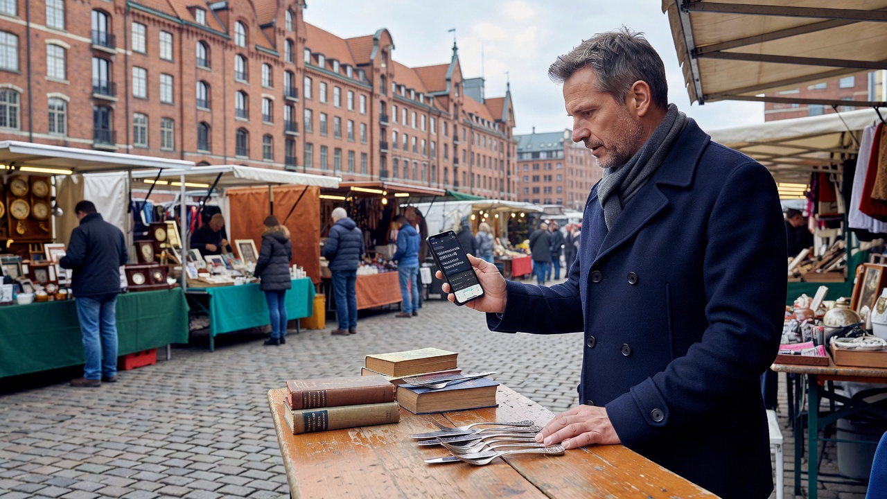 Hamburger Flohmarkt mit Besuchern und mobilen Geräten in der Nähe von Wett-Apps-Nutzern