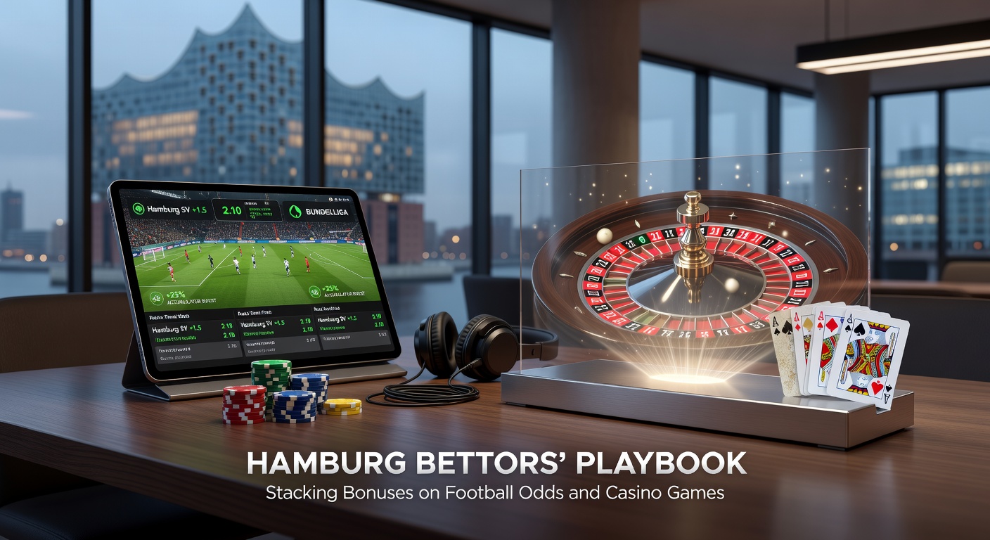 Nahaufnahme eines Smartphones mit geöffneten Wett-Apps, die Boni für Fußball und Casino anzeigen, umgeben von Hamburger Hafenmotiven
